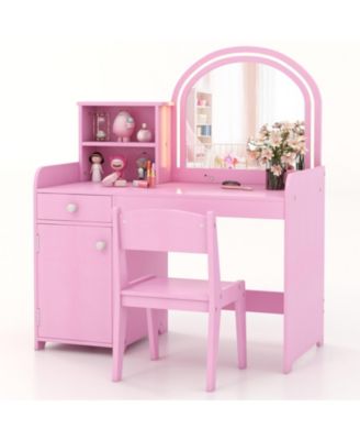 Kids Vanity Table and Chair Set with Shelves Drawer and Cabinet