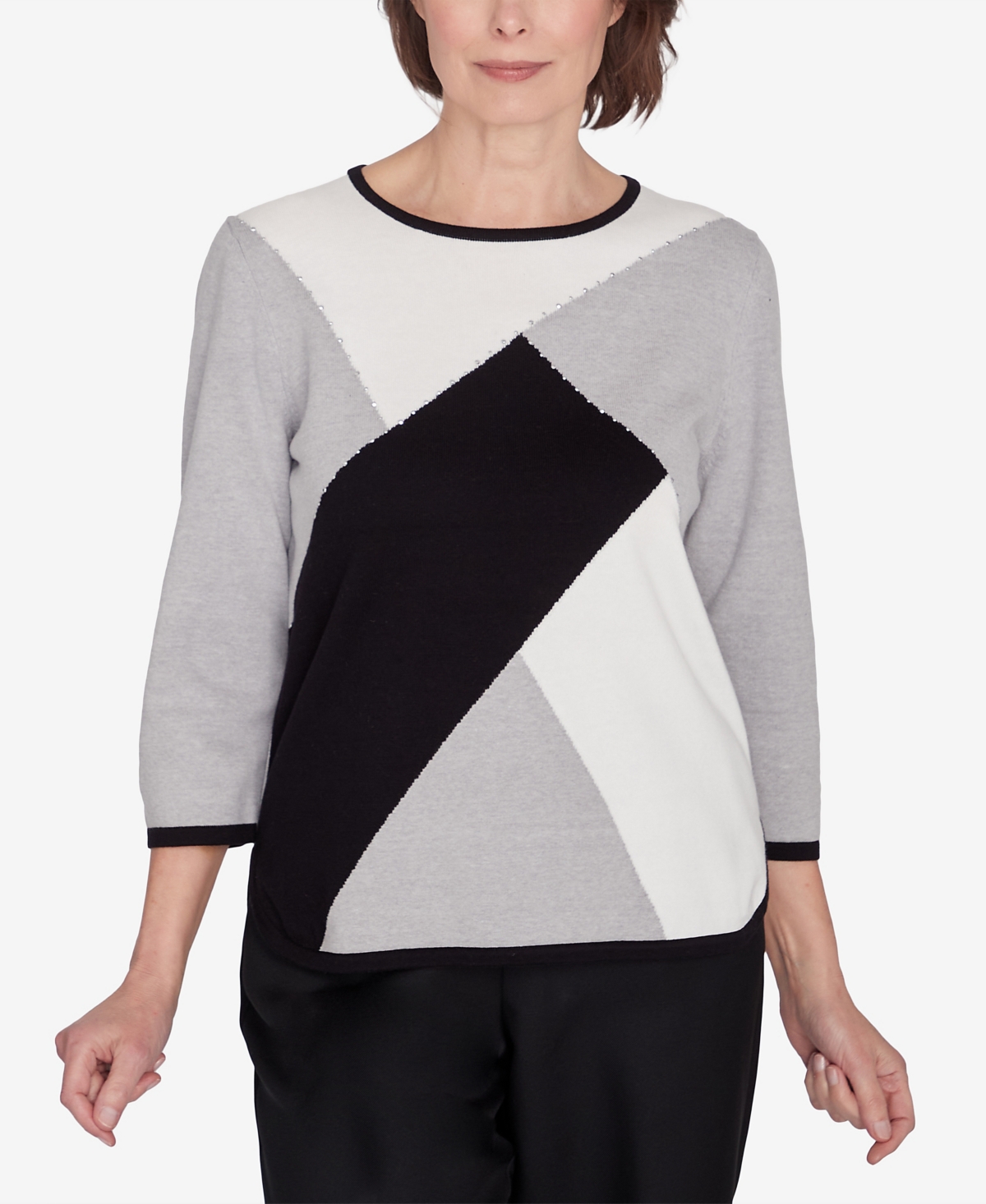 Alfred Dunner Classic Color Block Beaded Top In Grey