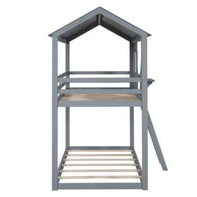 Streamdale Gray Bunk Bed with Roof, Window, and Guardrail
