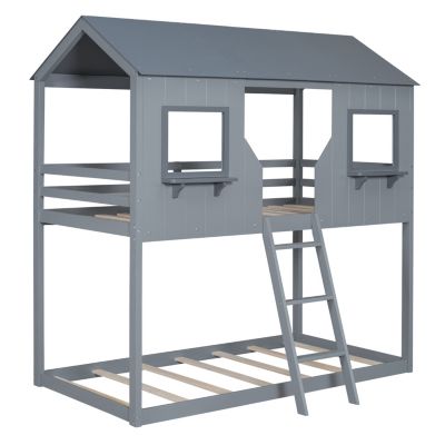 Streamdale Gray Bunk Bed with Roof, Window, and Guardrail