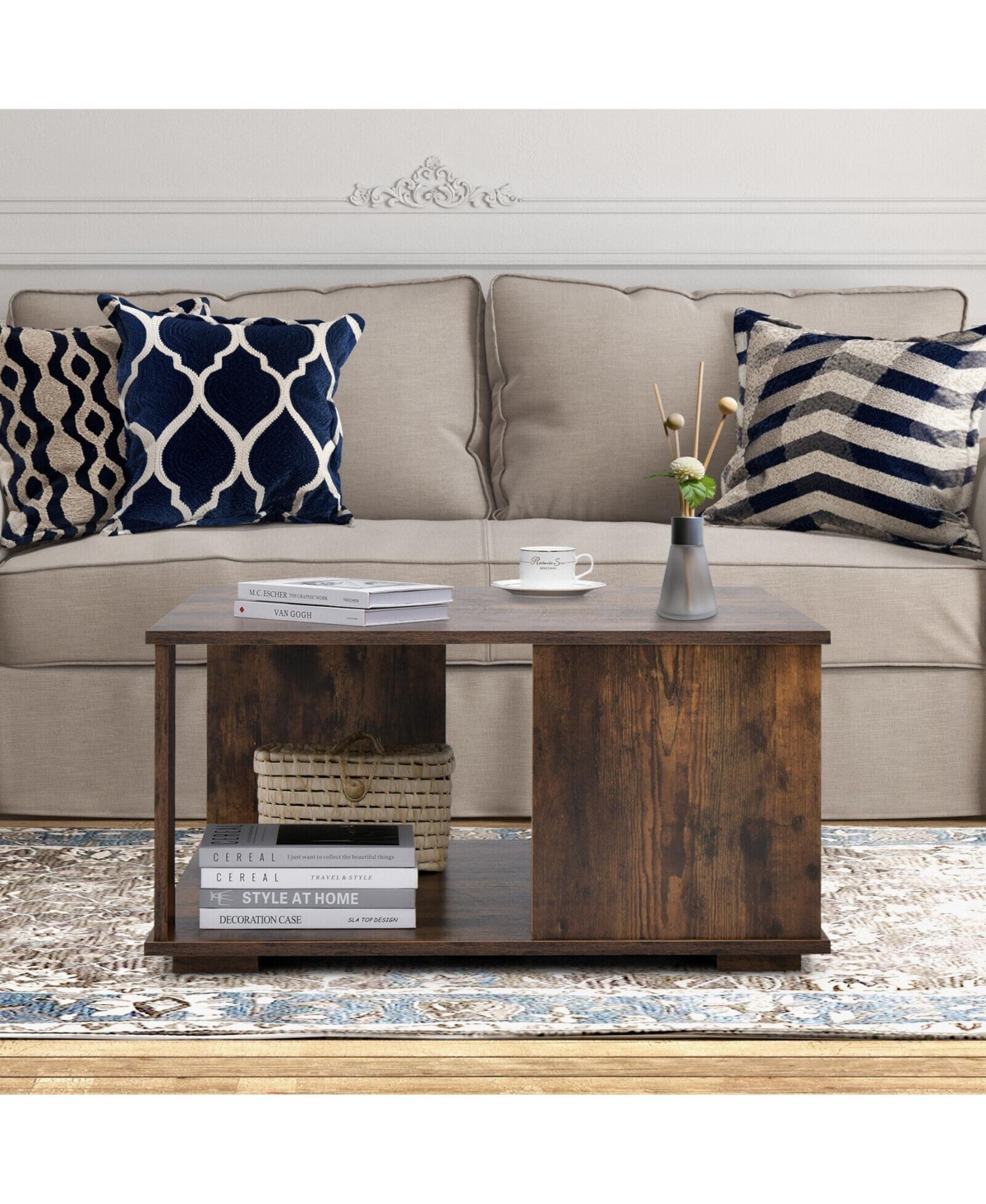 Slickblue 2 Tiers Square Coffee Table with Storage and Non-Slip Foot Pads- Rustic Brown