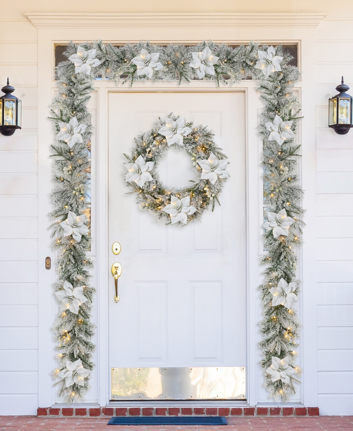 Glitzhome 9' Pre-lit Snow Flocked Greenery Pine Poinsettia Christmas Garland With 50 Warm White Lights Set, 2 In Multi