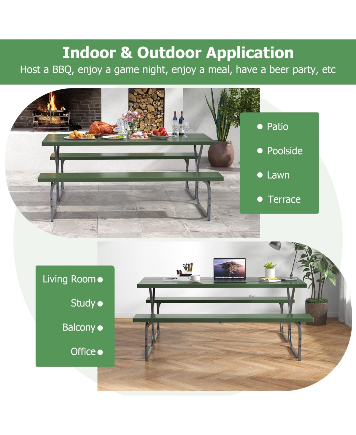 Slickblue 6 Ft Picnic Table Bench Set Dining Table and 2 Benches with Metal Frame and Hdpe Tabletop