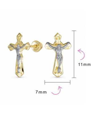 Tiny Minimalist Christian Religious Jesus Gold Crucifix Cross Two Tone Yellow 14K Gold Stud Earring Safety Screw Back