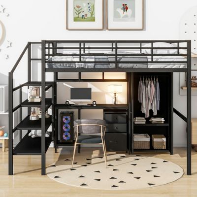Metal Loft Bed With Table Set And Wardrobe, Full