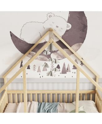 Simplie Fun Full Wood House-Shaped Floor Bed with Fence, Guardrails, Natural