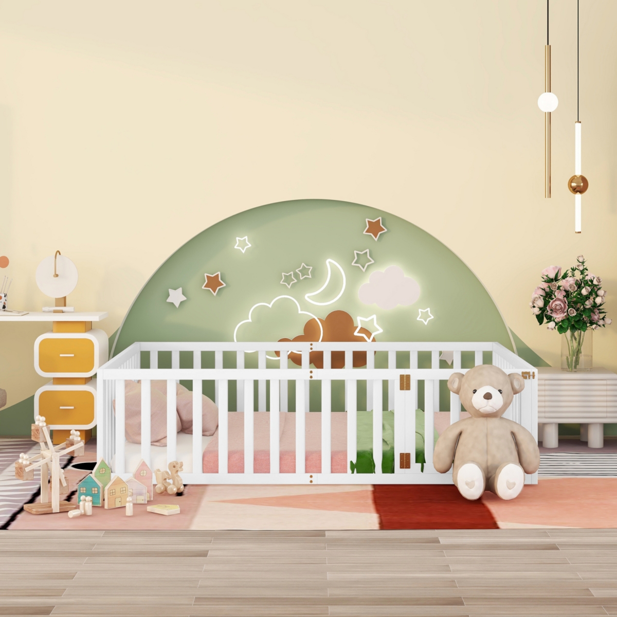 Streamdale Queen Wood Floor Bed Frame With Fence And Door