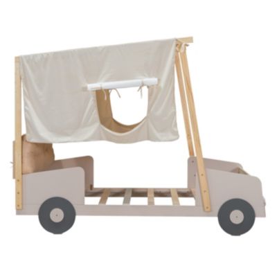 Wood Car Bed With Pillow, Ceiling Cloth And LED