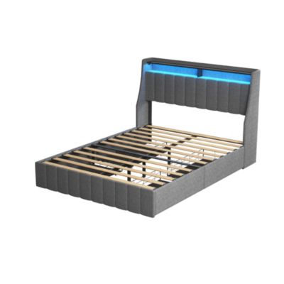 Light Grey Bed Frame with LED and Storage Drawers