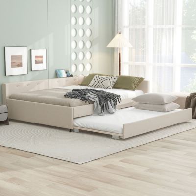 Queen Size Upholstered Platform Bed with USB And Twin Size Trundle