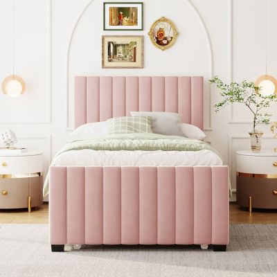 Streamdale Twin Size Velvet Upholstered Platform Bed With Twin Size Trundle, Pink