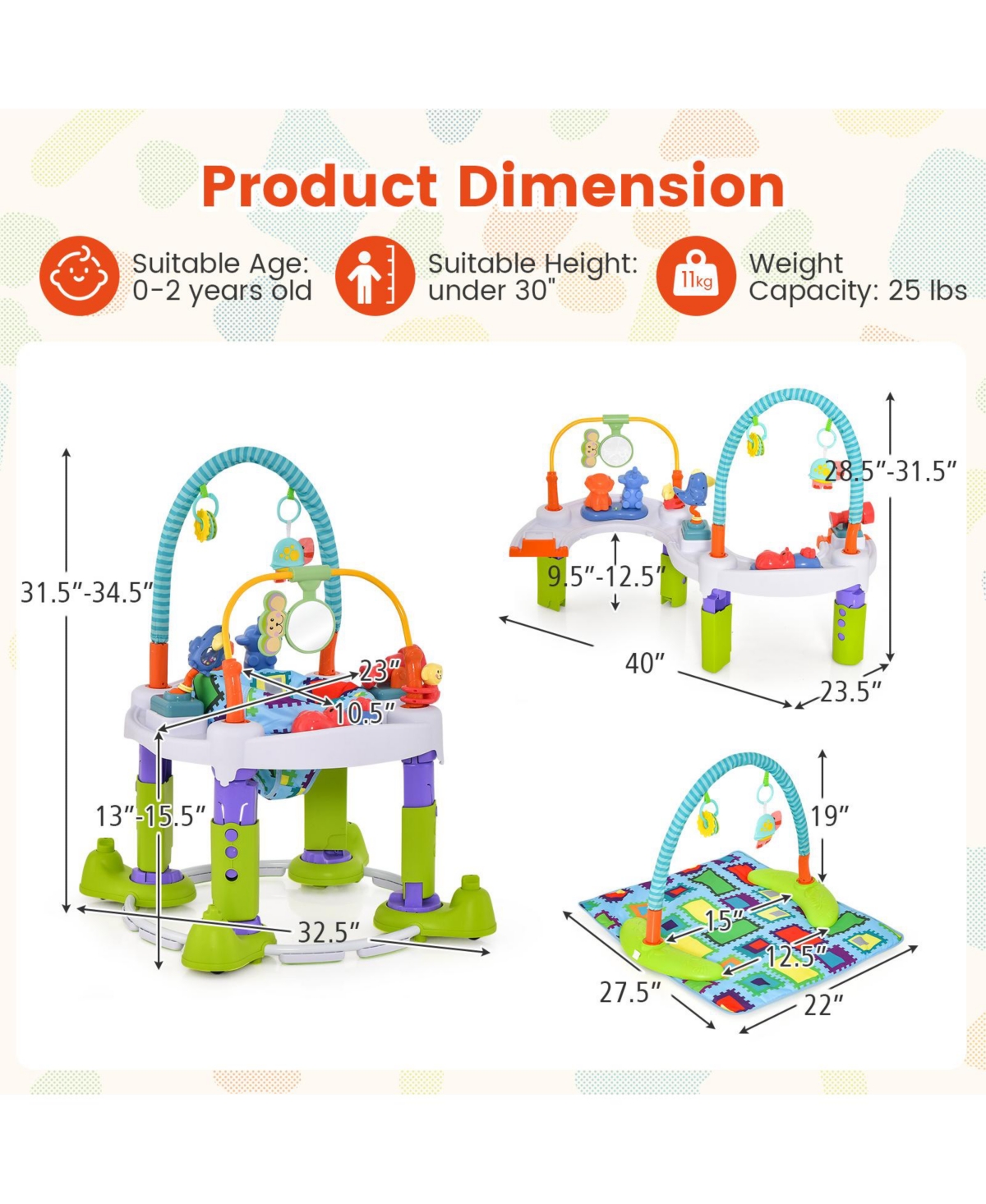 Slickblue Kids 4-in-1 Baby Bouncer Activity Center with 3 Adjustable Heights-Green