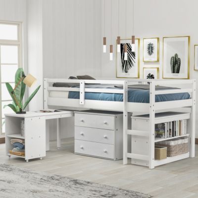 Streamdale Low Study Twin Loft Bed With Cabinet And Rolling Portable Desk