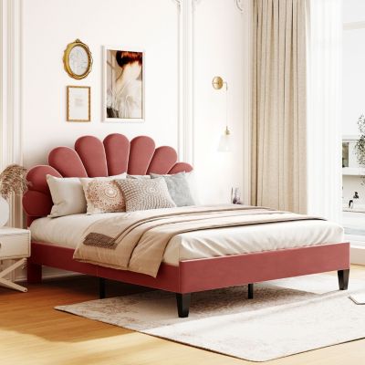 Velvet Platform Bed with Flower Headboard