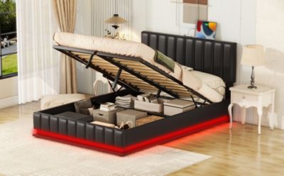 Streamdale Modern White Upholstered Bed with Storage and LED Light - Full