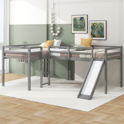 Streamdale L-Shaped Twin Size Loft Bed With Ladder And Slide, Gray