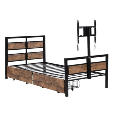 Streamdale Metal Platform Bed with Storage Drawers and Rotatable TV Stand