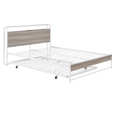 Metal Platform Bed Frame with Trundle and USB