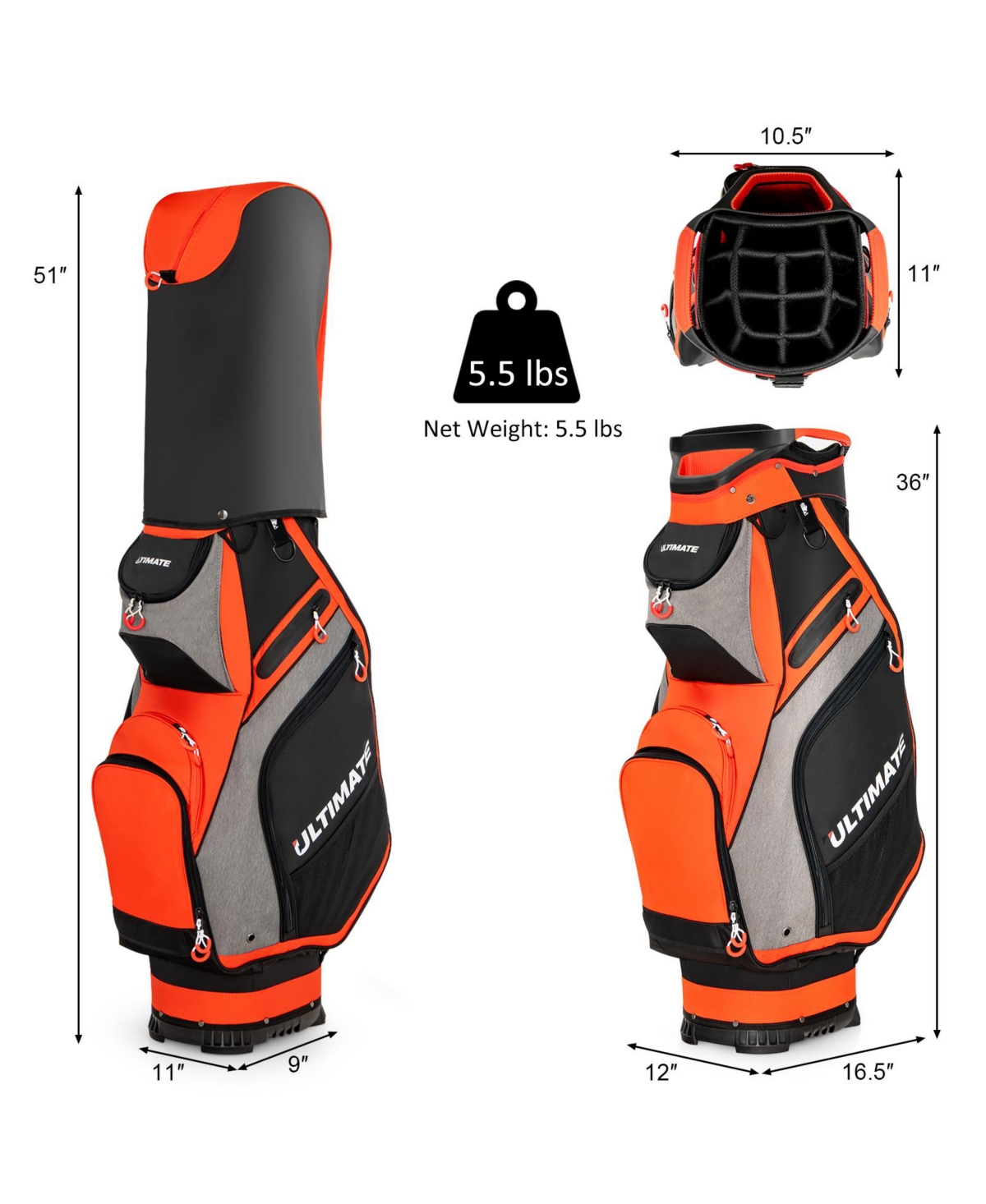 Slickblue 10.5 Inch Golf Stand Bag with 14 Way Dividers and 7 Zippered Pockets