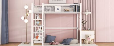 Streamdale Twin Size Metal Loft Bed With 4Tier Shelves And Storage, White