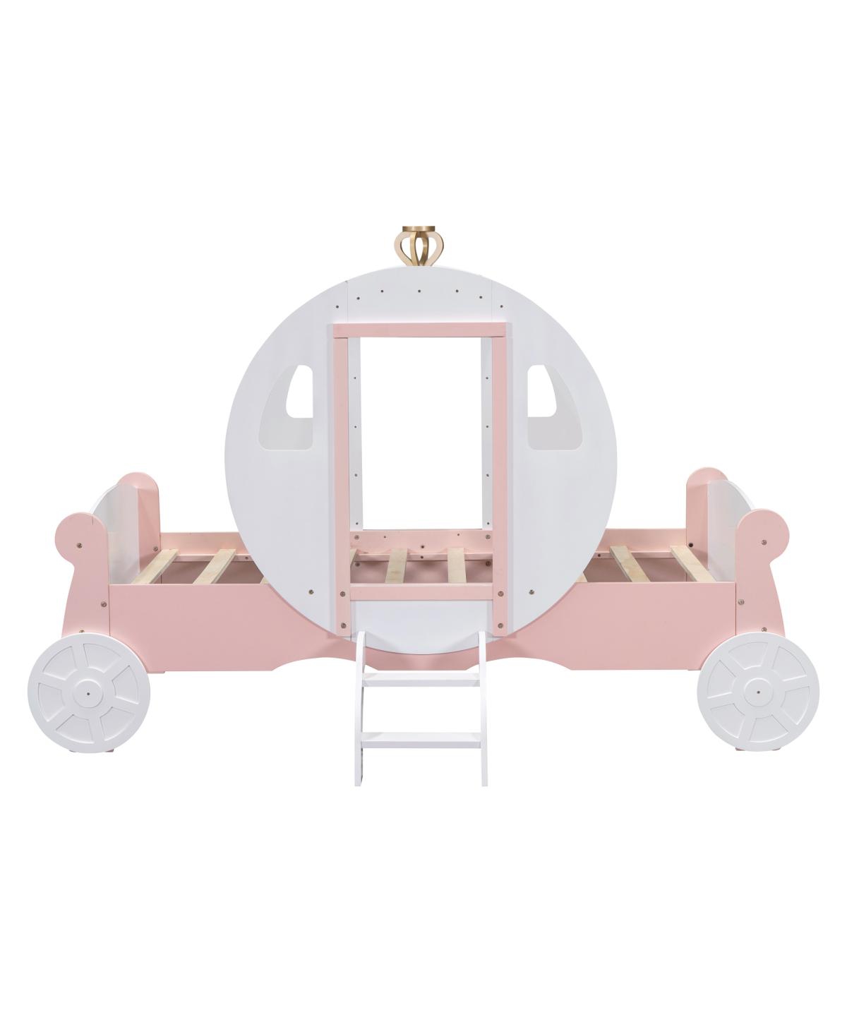Simplie Fun Twin Size Princess Carriage Bed With Crown, Wood Platform Car Bed With Stair+Pink