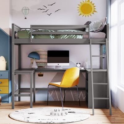 Streamdale Twin Size Loft Bed With Shelves And Desk, Wooden Loft Bed With Desk