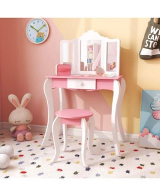 Kid's Wooden Vanity Table and Stool Set with 3-Panel Acrylic Mirror-White