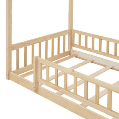 Twin Size Wood House Bed Frame with Fence