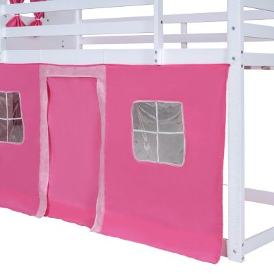 Streamdale Twin Size Bunk Wood House Bed With Elegant Windows, Sills And Tent