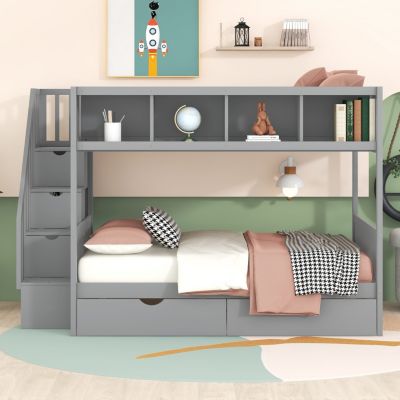 Streamdale Twin Over Full Bunk Bed With Shelfs, Storage Staircase And 2 Drawers