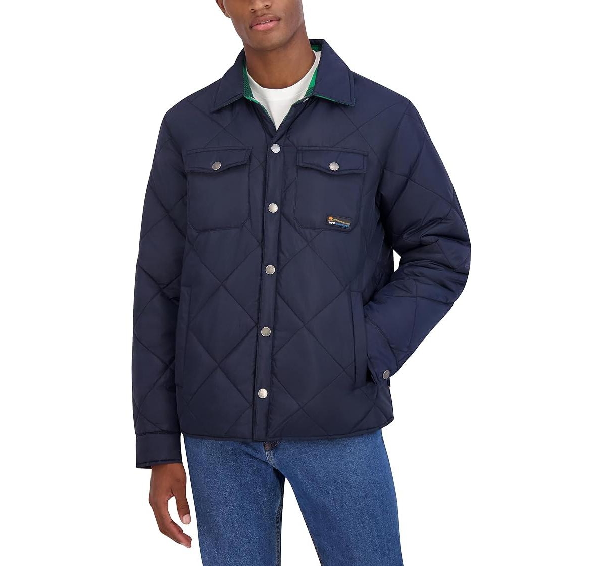 Hfx Men's Reversible Quilted Shirt Jacket Shacket with Plaid Fleece Lining