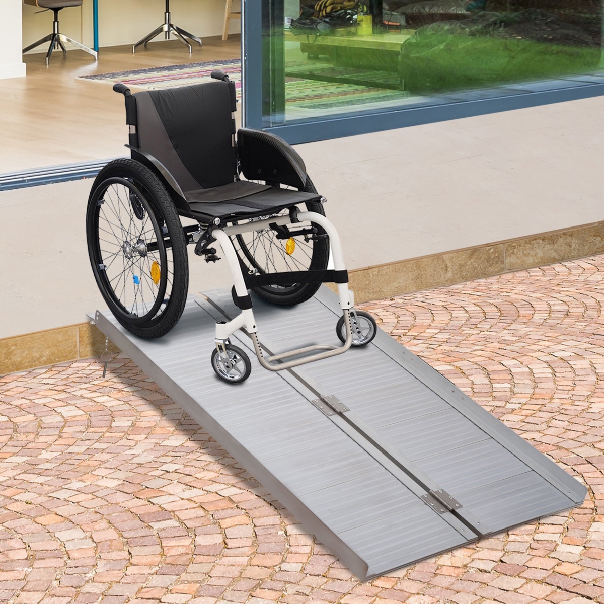 Homcom Wheelchair Ramp 4FT, Folding Aluminum Threshold Ramp with Non-Slip Surface, Transition Plates, 600lbs Weight Capacity, Handicap Ramp for Home