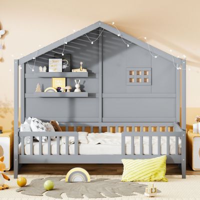 Streamdale Twin House Bed with Shelves, Window, and Lights