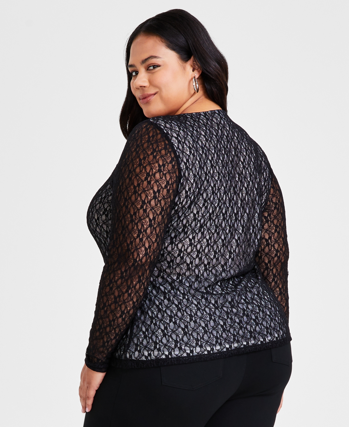 Bar Iii Trendy Plus Size Scoop-Neck Long-Sleeve Lace Top, Created for Macy's