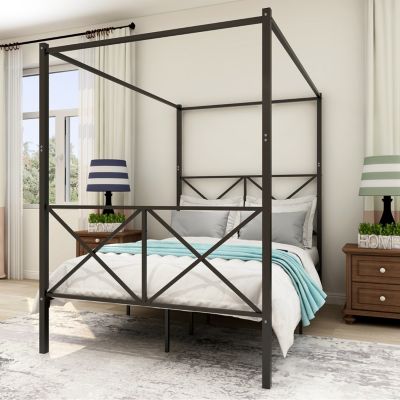 Metal Canopy Bed Frame, Platform Bed Frame With X Shaped Frame Full