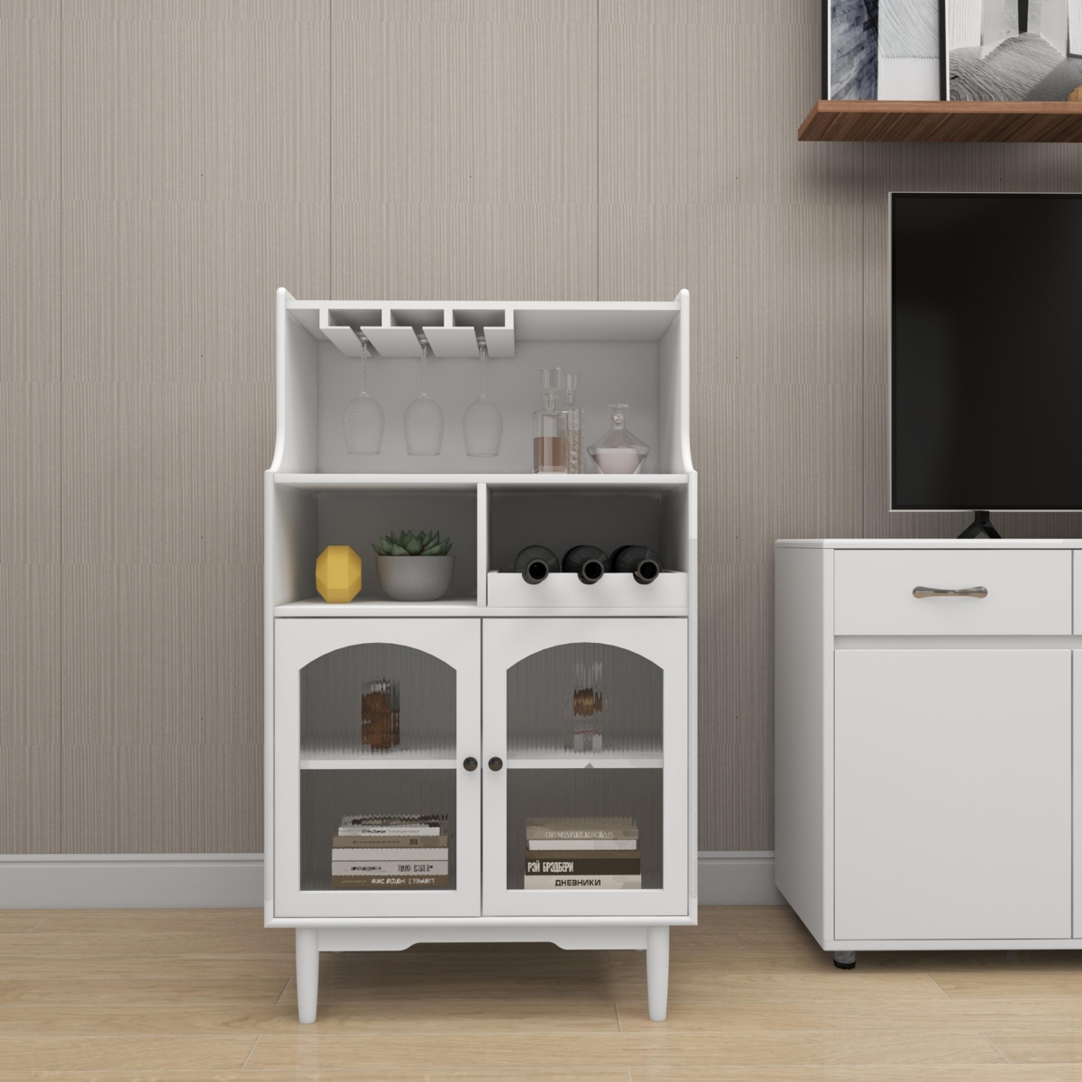 Streamdale Modern White Wine Cabinet with Glass Door and Removable Racks