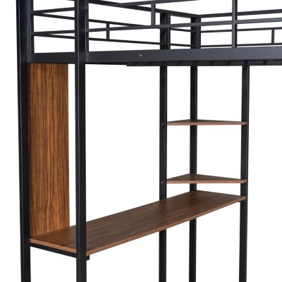 Streamdale Full Size Metal Loft Bed With 2 Shelves And One Desk
