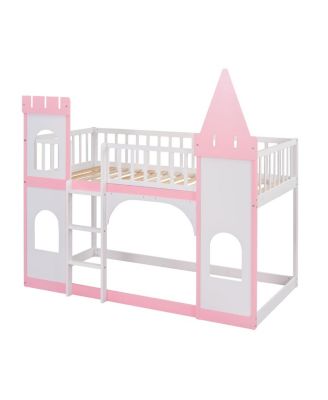 Twin Over Twin Castle Bunk Bed With Ladder - Pink