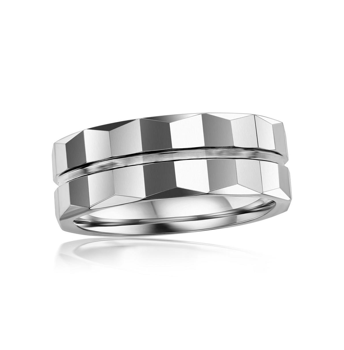 High Polished Lined Faceted Tungsten Ring - Silver