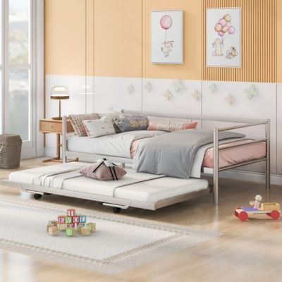 Streamdale Twin Size Metal Daybed With Adjustable Trundle, Pop Up Trundle, Silver