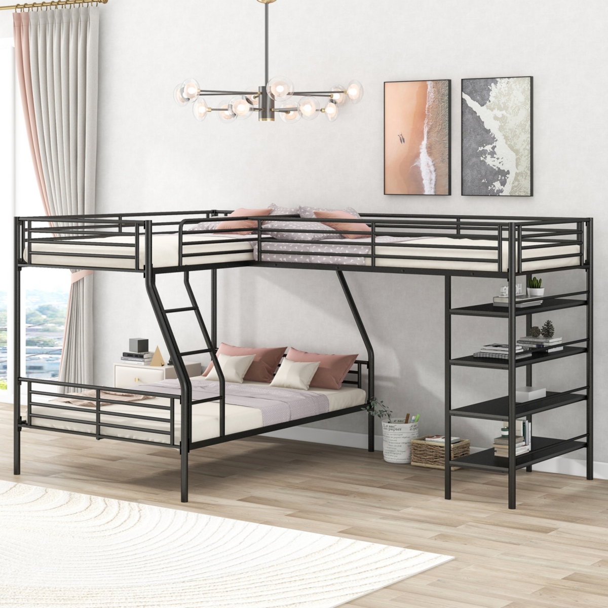 Simplie Fun L-Shaped Metal Twin Over Full Bunk Bed And Twin Size Loft Bed With Four Built-In Shelves