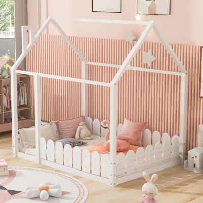 Streamdale Full Size Wood House Bed with Fence