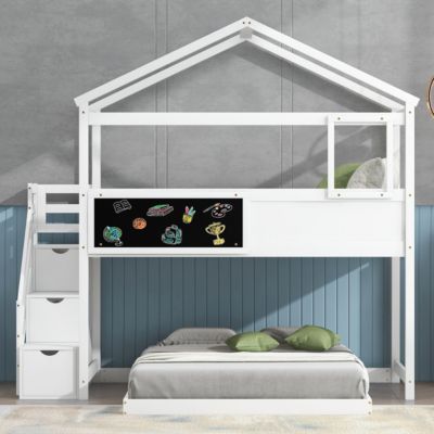 Over Full House Bunk Bed With Storage Staircase And Blackboard