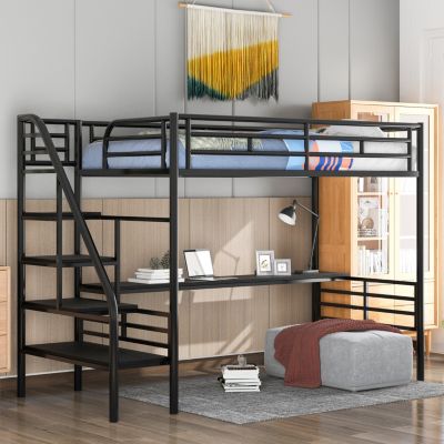 Metal Loft Bed Frame With Desk, No Box Spring Needed