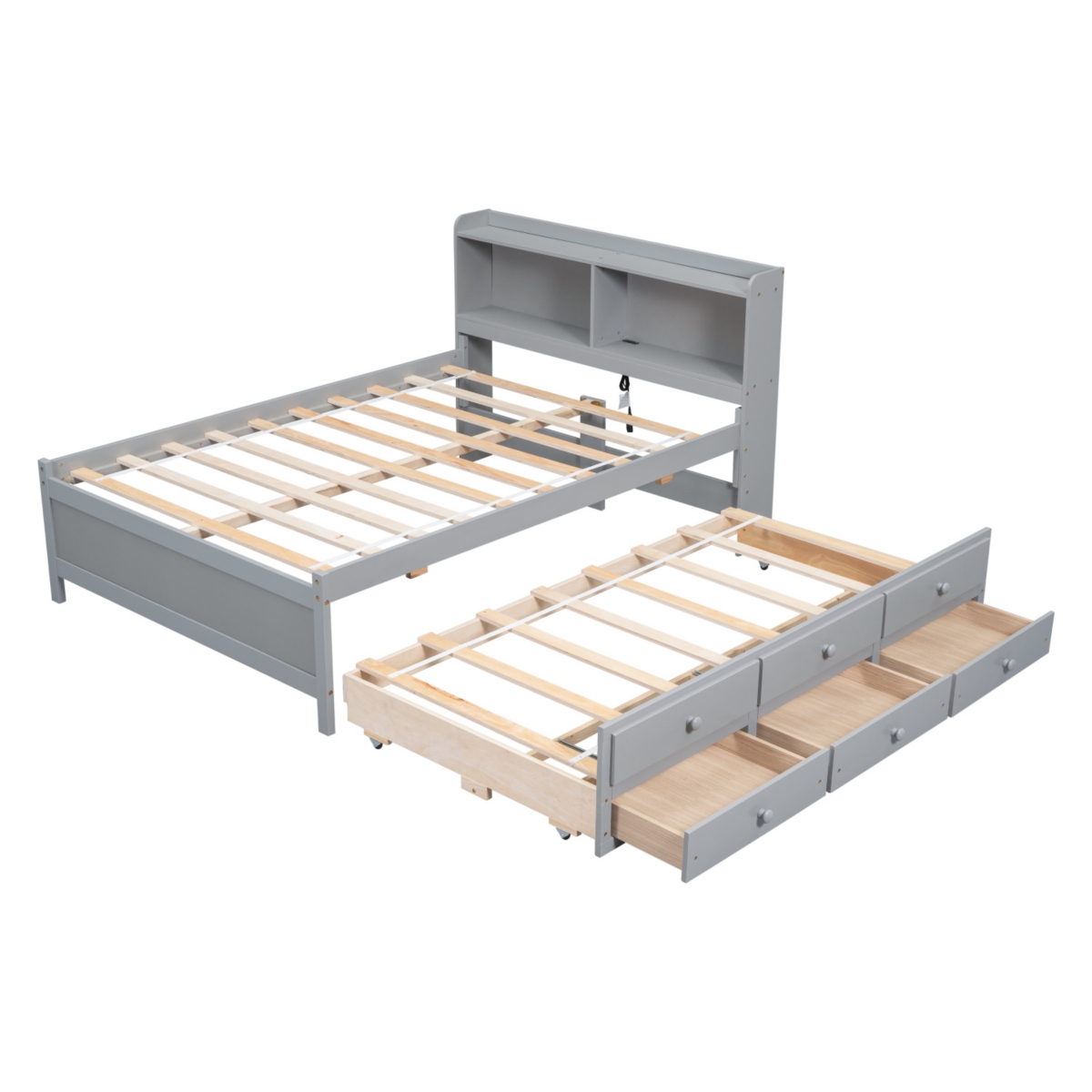 Streamdale Furniture Size Bed with Usb, Led Light, Bookcase, Trundle & Storage