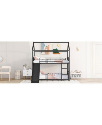Twin Over Twin Metal Bunk Bed With Slide, Kids House Bed