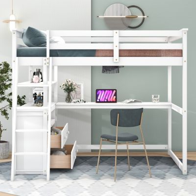 Streamdale Full Size Loft Bed With Desk And Shelves, Two Built-In Drawers