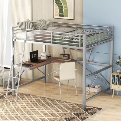 Full Size Loft Bed with Metal & MDF Frame, Desk and Shelf, Silver