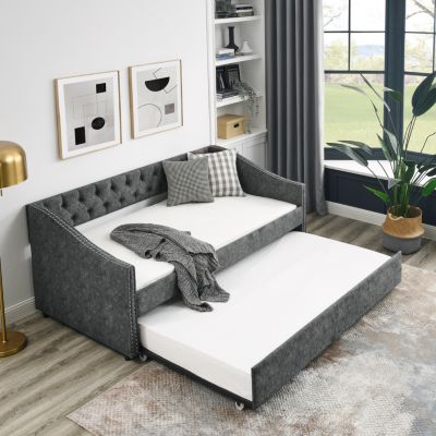 Tufted Upholstered Twin Daybed with Trundle, Grey