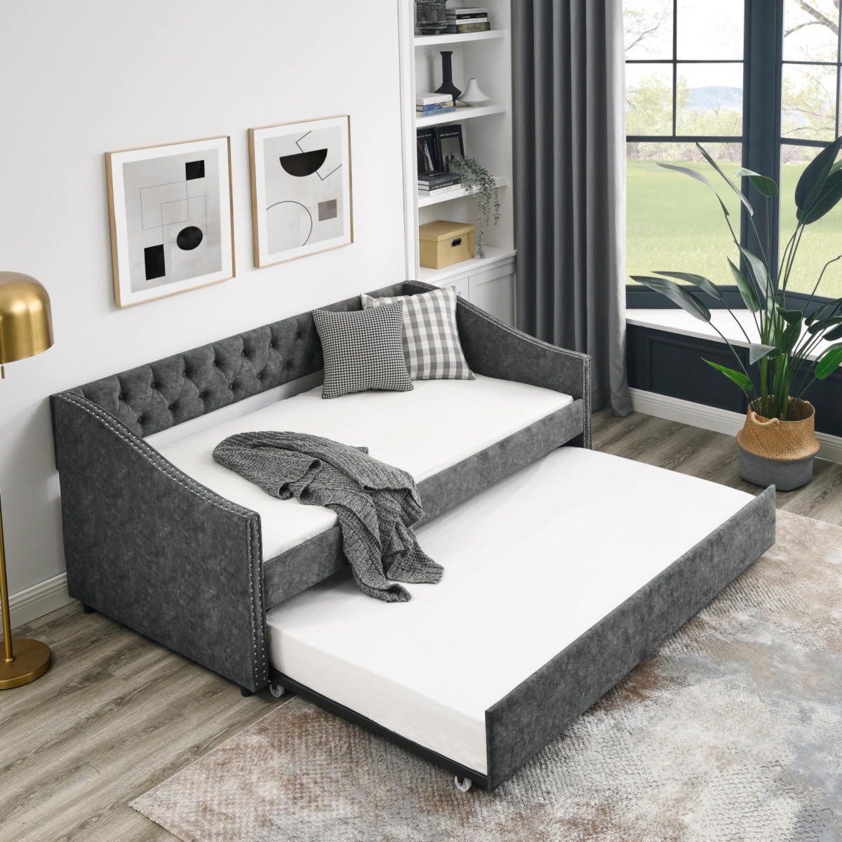 Streamdale Furniture Tufted Upholstered Twin Daybed with Trundle, Grey
